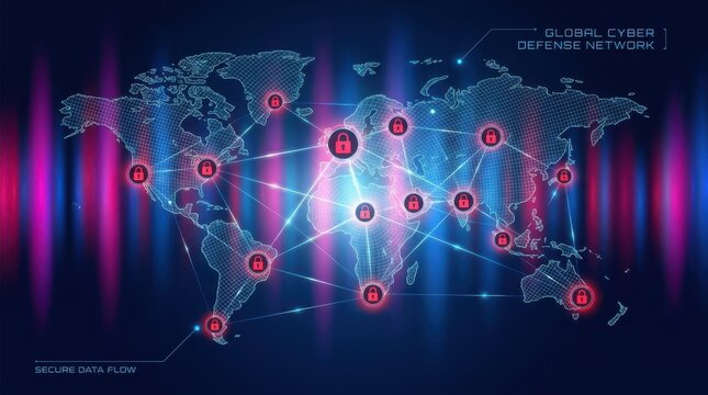 Global cyber defense network visualization shows glowing world map with red lock icons and secure data flows.