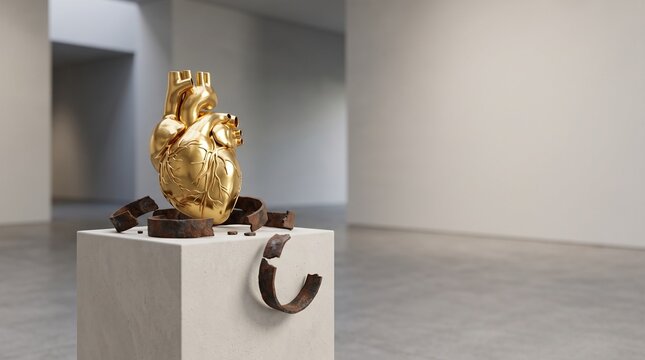 Minimalist surreal gold anatomical heart with broken iron bands symbolizing loyalty, resilience, and freedom in a modern corporate gallery