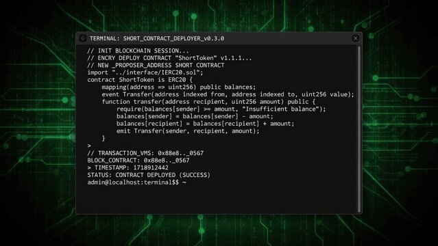 Blockchain smart contract deployment code in a terminal window