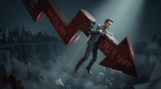 A man is suspended in mid-air, holding a large red arrow labeled 'DECISION'.