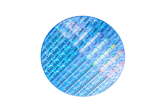 Silicon wafer for manufacturing semiconductor of integrated circuit.Electronic circuit designs built onto the wafers using micromaching including photolithography,isolated on white background