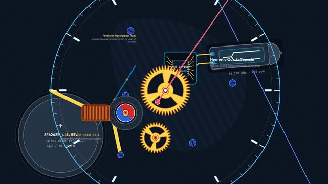 Detailed 2D animation explaining the inner workings of a quartz watch, from the SiO2 piezoelectric oscillator and tuning fork to the 15-stage binary frequency divider and mechanical timekeeping