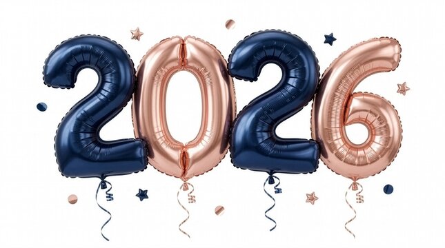 Happy New Year 2026 metallic navy blue and rose gold foil balloons on white background