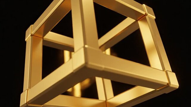 A series of gleaming golden wireframe cubes stack and rotate gracefully against a stark black background, creating a mesmerizing abstract 3D geometric animation.