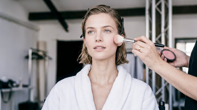Woman model getting makeup applied by artist backstage
