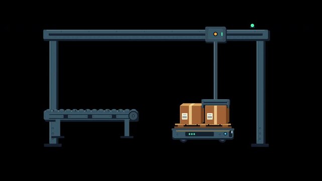 Gantry palletizer stacking cartons onto an automated vehicle on transparent background