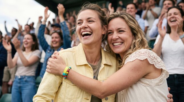 Two women laughing and embracing during joyful crowd celebration, with raised hands and smiling spectators creating energetic social atmosphere