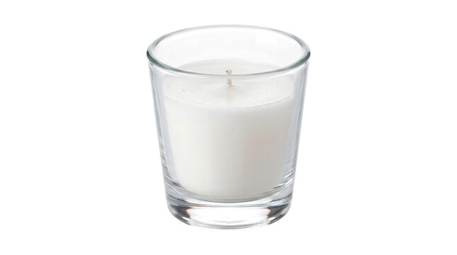 White candle in clear glass jar isolated on white background