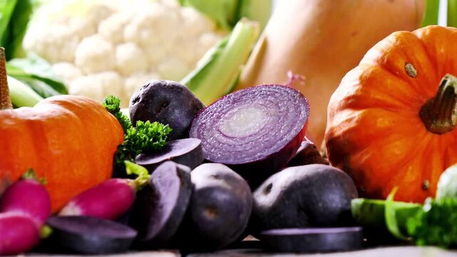 Sliding shot of fresh organic raw autumn vegetables display on rustic wooden table