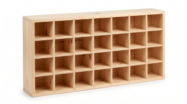 Natural pine wood organizer shelf with multiple square compartments for storage and display.