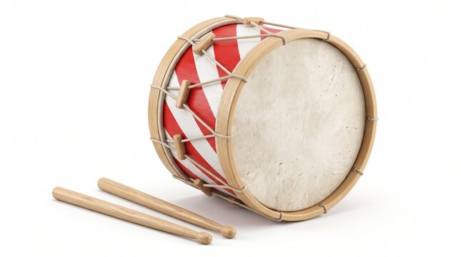 Traditional marching drum with red stripes and wooden sticks for musical performance group.