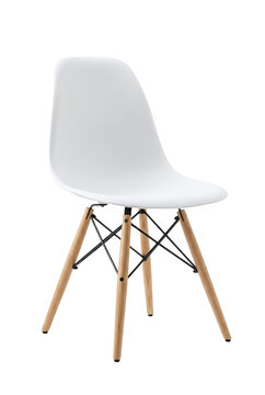 Mid-century modern white molded plastic chair with wooden dowel legs