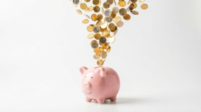 A pink piggy bank overflowing with gold coins.