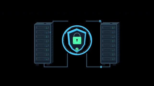 Server racks exchanging data through a shield and padlock gateway on transparent background