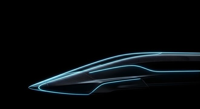 High speed maglev train nose silhouette with contour lighting on black background