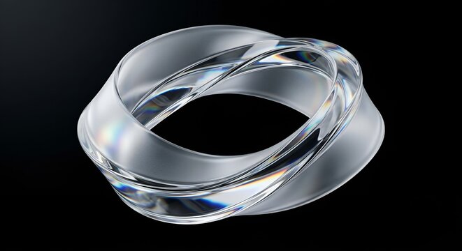 3D abstract floating frosted glass mobius strip on pure black background