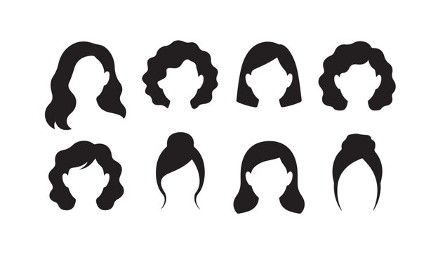 Set of female silhouette hairstyles in black, showcasing different styles for graphic design needs.