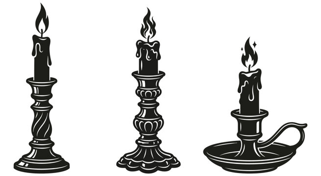 Vintage burning candles in holders vector set in black and white style illustration