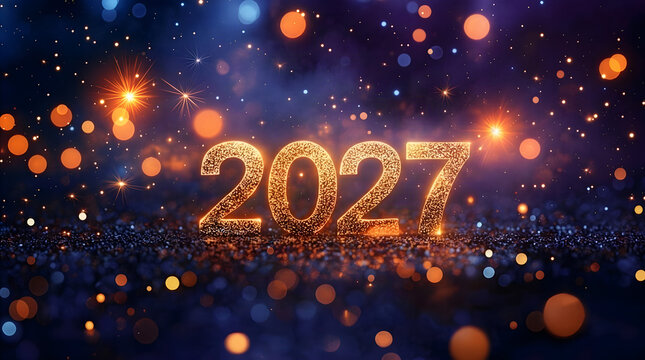 Happy New Year 2027 background with glowing golden number and dark blue glitter bokeh