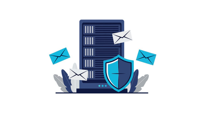 Secure email server flat illustration with cybersecurity shield