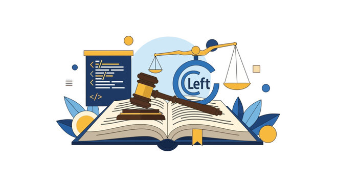Digital Law and Copyleft Concept Illustration with Gavel, Scales, and Code