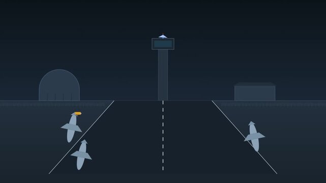 Control tower overlooking an airport runway at night with planes taxiing