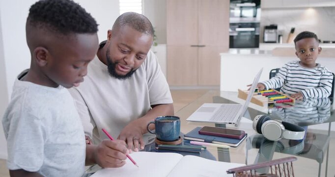 African American family father leaning helping older child drawing red pencil at home abacus nearby