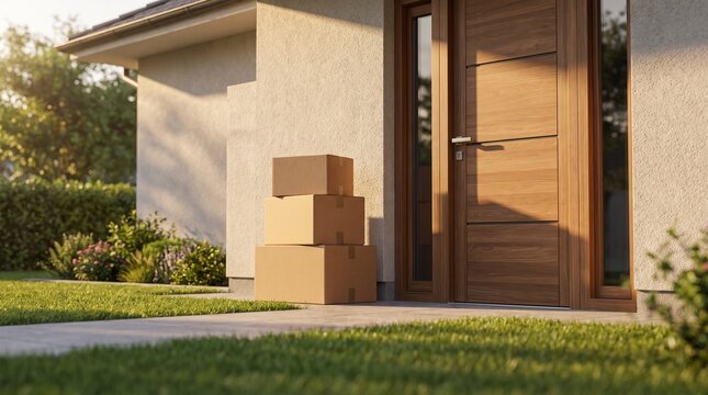 Cardboard Parcels Stacked Beside Wooden Door, Home Delivery and Online Shopping Service Concept