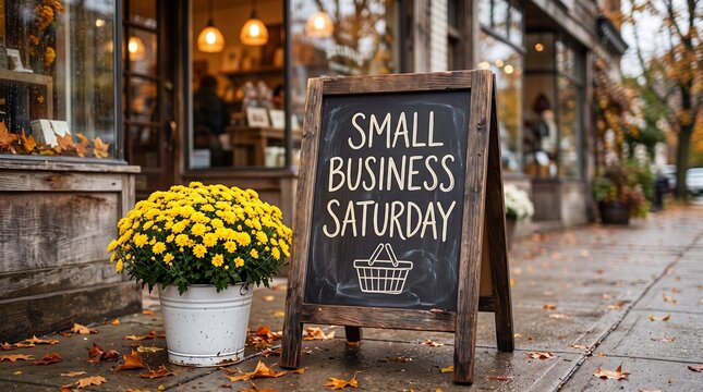Handwritten chalk sign advertising small business saturday outside a local shop