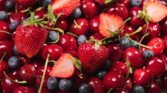 Background of fresh fruits and berries rotating. Vegan sweet food, flat lay.