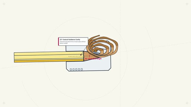 Educational animation of pencil sharpener mechanics, demonstrating the conical spiral shaving process with physics annotations like guidance cavity, blade wedge pitch, and velocity gradient