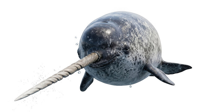 A cute narwhal swimming in the deep cold arctic ocean water with a long pointed tusk and spotted grey skin isolated on transparent background