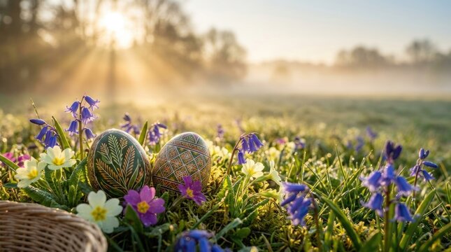 Easter egg with intricate ornament resting on green grass, wild blooming flower field illuminated by sunrise backlight, misty springtime nature morning, traditional holiday celebration background.