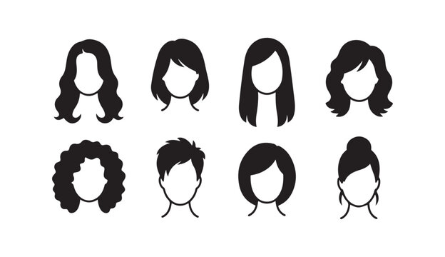 Eight black silhouette icons showcasing diverse female hairstyles for beauty and fashion applications.
