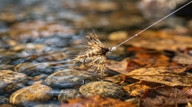 Autumn fly fishing stream with a lure on a fishing line in clear water  