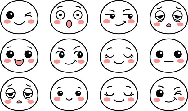 Cute cartoon emoji face expressions icons set showing happy sad surprised tired winking emoticons over white background