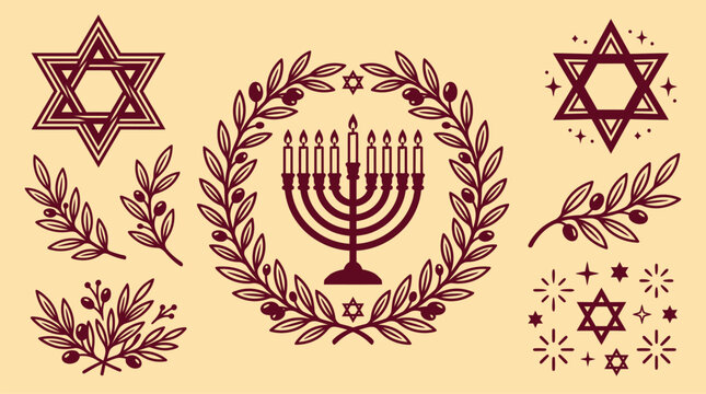 A beautiful hanukkah vector bundle featuring a decorative menorah wreath stars of david and festive floral branch design elements