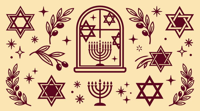 A beautiful vintage style hanukkah vector bundle featuring menorah illustrations stars of david and decorative olive branch design elements