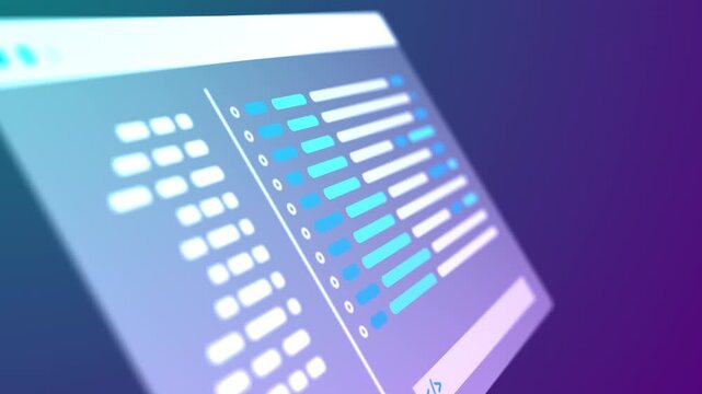 Abstract software development interface with glowing code editor and digital data panels in blue and purple neon colors, illustrating programming, web development, coding and modern technology.