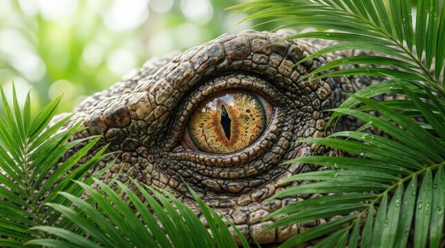 Close up shot of a realistic dinosaur eye peering through lush green jungle leaves, showing detailed scaly skin texture, sharp golden iris, and dark vertical pupil in a wild habitat