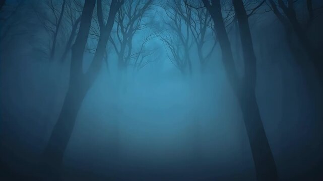 Misty Forest at Night with Bare Tree Silhouettes, Blue Fog, and Glowing Lights in Woodland