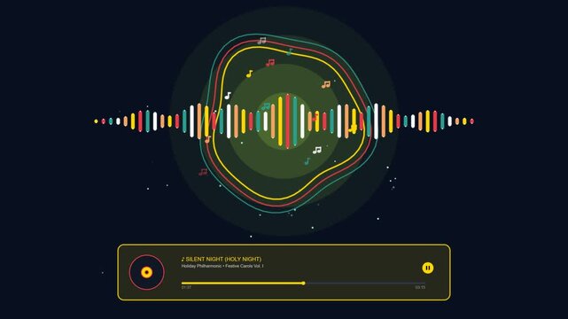 Music player interface displaying a holiday song waveform with festive graphical elements digital media overlay featuring a colorful audio visualization during christmas track