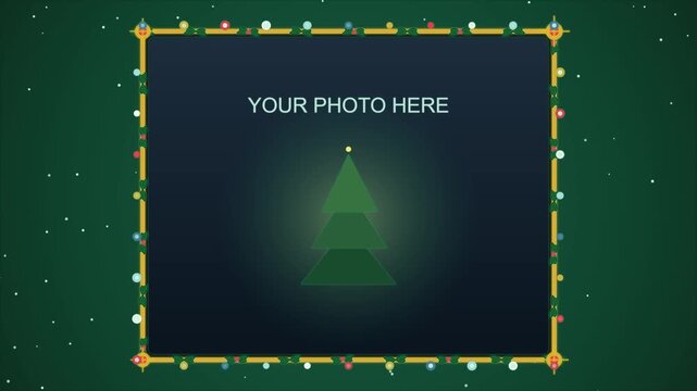 Christmas tree illustration framed with hanging lights on dark green background a festive holiday template featuring a central pine icon inside light bulb string border with placeholder text