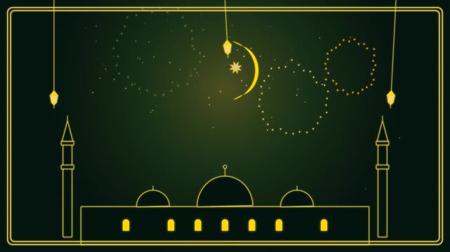 Minimalist mosque outline against night sky with golden lantern elegant digital of a silhouette with hanging lanterns and a bright crescent moon at islamic architecture