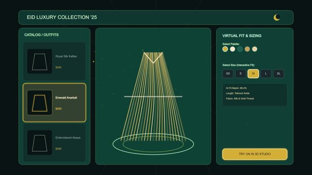 Virtual clothing fitting interface with a stylized kaftan dress outline an interactive digital for luxury sizing and try ons featuring a fashion app software technology retail