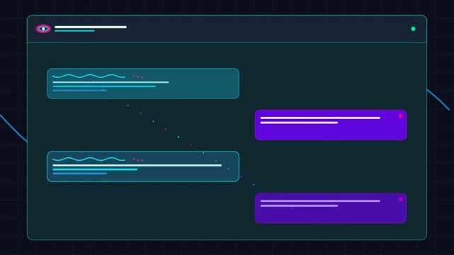 Cybernetic chat communication window on a digital dark background a sleek messaging interface featuring organized text bubbles and connection data points on grid backdrop