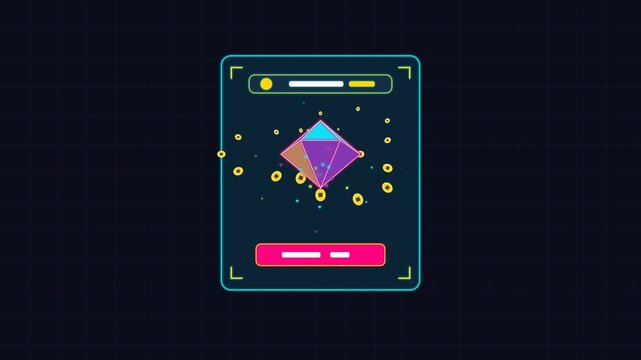 Interactive digital software interface showing a colorful geometric crystal and gold coins a user window containing rotating polyhedral object surrounded by floating
