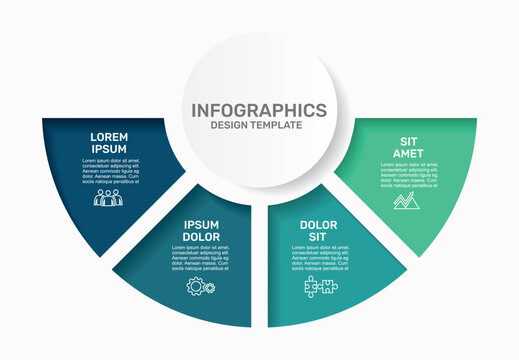 Modern business infographic template with colorful semi-circular options, icons, and text placeholders. Vector illustration.