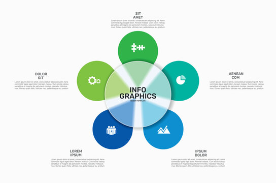 Business infographics design template with colorful circular steps, icons, and central info graphics layout. Vector illustration.