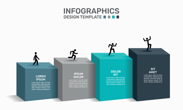 Infographic design template with four growing bar steps and figures celebrating success. Vector illustration.